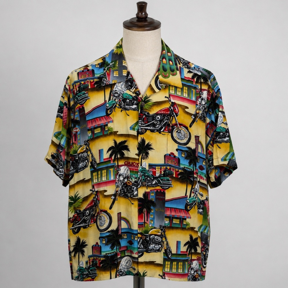 Harley-Davidson Tori Richard Mens XL Hawaii Viscose Motorcycle Camp Shirt Yellow